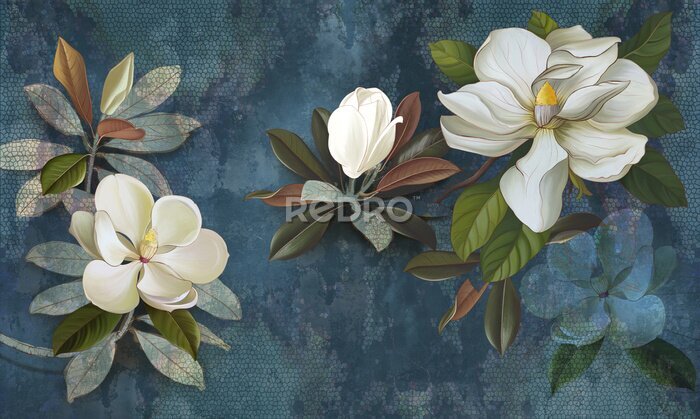 Tableau  Wall mural, wallpaper, postcard, flowers on a dark background, magnolia, jasmine, leaves. Painted flowers.