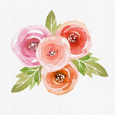 Tableau  Water color roses on textured paper with green leaves and white background