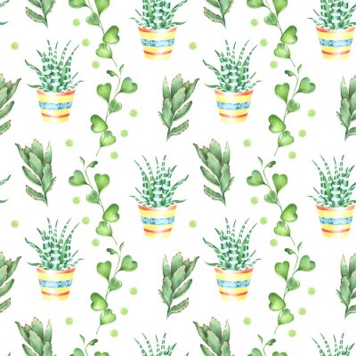 Tableau  Watercolor botanical seamless pattern in retro style with succulents, kalanchoe and zebra plant in a pot. Decorative floral background for wedding or fabric design in green, turquoise and red colors