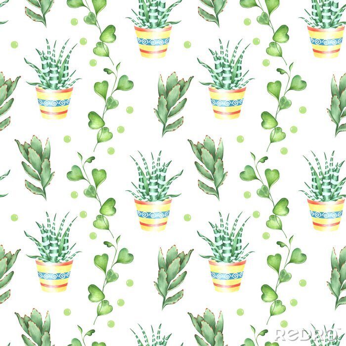 Tableau  Watercolor botanical seamless pattern in retro style with succulents, kalanchoe and zebra plant in a pot. Decorative floral background for wedding or fabric design in green, turquoise and red colors