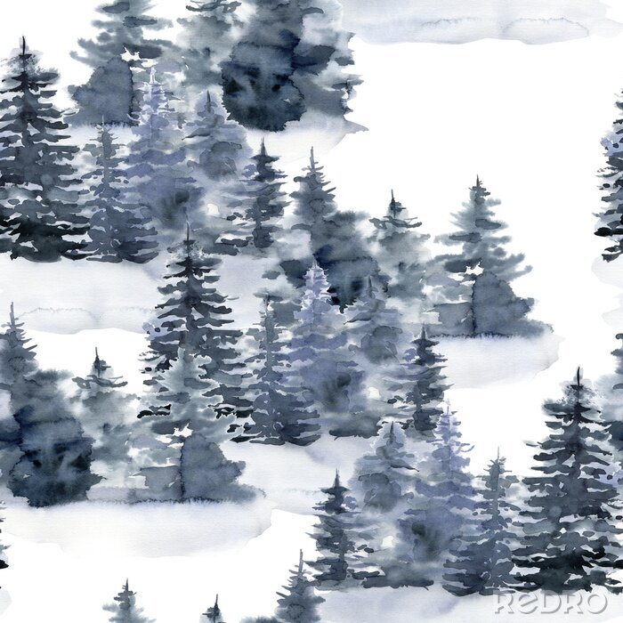 Tableau  Watercolor Christmas seamless pattern with winter forest. Hand painted foggy fir trees and snow illustration isolated on white background. Holiday illustration for design, print, fabric or background.