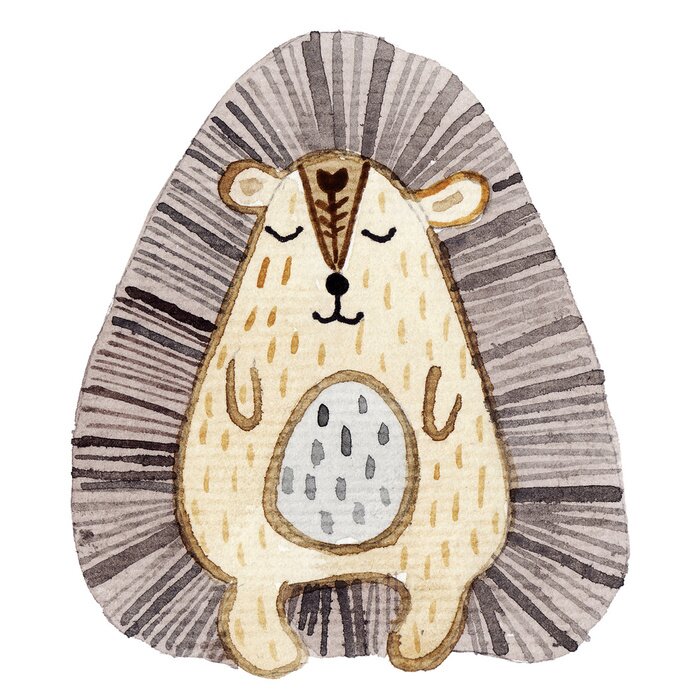 Tableau  Watercolor cute cartoon animal. Hand painted isolated on white background. Best for children design, poster, wallpaper, nursery, fabric, textile. Cute hedgehog in sandinavian style