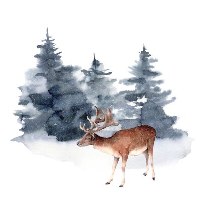 Watercolor deer in winter forest. Hand painted Christmas illustration with animal and fir trees isolated on white background. Holiday card for design, print, fabric or background. Wildlife and foggy.
