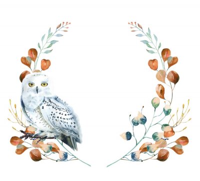Watercolor floral wreath with polar owl  and  leaves. Hand painted christmas frame with bird and leaves of silver dollar eucalyptus isolated on white background. 