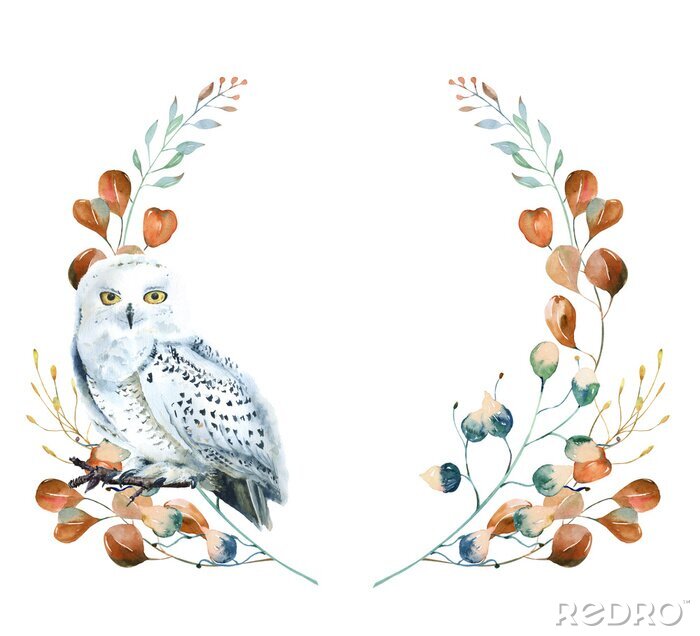 Tableau  Watercolor floral wreath with polar owl  and  leaves. Hand painted christmas frame with bird and leaves of silver dollar eucalyptus isolated on white background. 