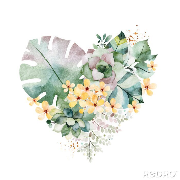 Tableau  Watercolor Green illustration.1 arrangement with succulents,palm leaves,branches,yellow flowers and more.Perfect for wedding,quotes,Birthday and invitation cards,print,blog,bridal cards,Valentines day