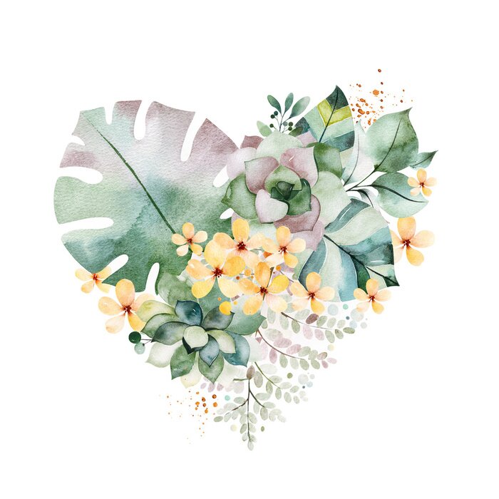 Tableau  Watercolor Green illustration.1 arrangement with succulents,palm leaves,branches,yellow flowers and more.Perfect for wedding,quotes,Birthday and invitation cards,print,blog,bridal cards,Valentines day