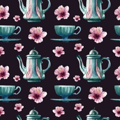 Tableau  Watercolor hand painted seamless pattern with antique turquoise coffee pots and cups with saucers and pink hibiscus flowers on dark violet background. Cozy pattern in vintage style.