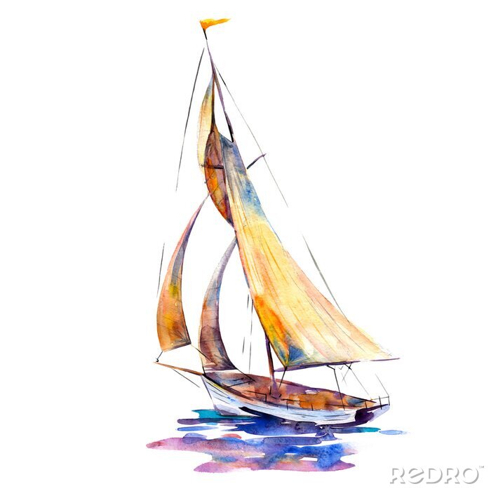 Tableau  Watercolor illustration, hand drawn sailboat isolated object on white background. Art print boat with yellow sails.