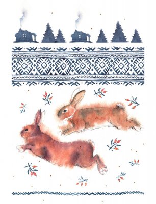 Watercolor illustration of running and playing rabbits and national ornament in blue tones on a white background