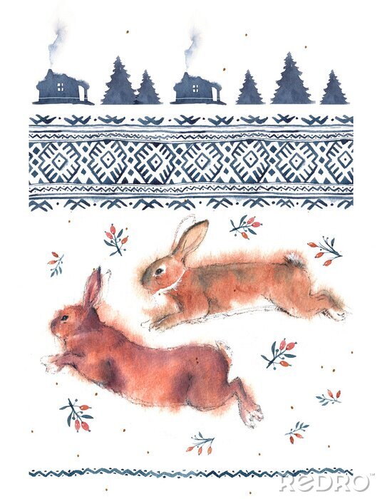 Tableau  Watercolor illustration of running and playing rabbits and national ornament in blue tones on a white background
