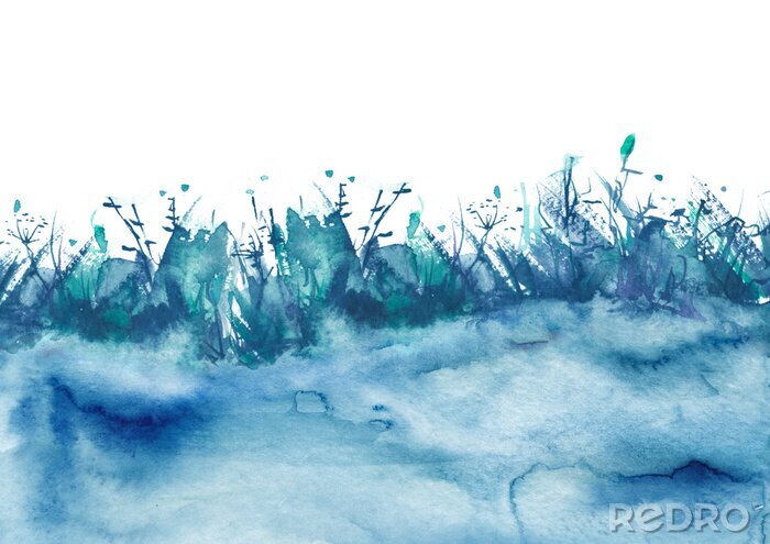 Tableau  Watercolor illustration, wild grass on a white background. landscape of the earth is  blue, purple. Splash of paint.Abstract art illustration, shrub, branch, wild grass, plant. watercolor background, 