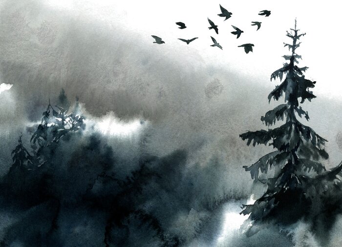 Tableau  Watercolor landscape, forest and fog.