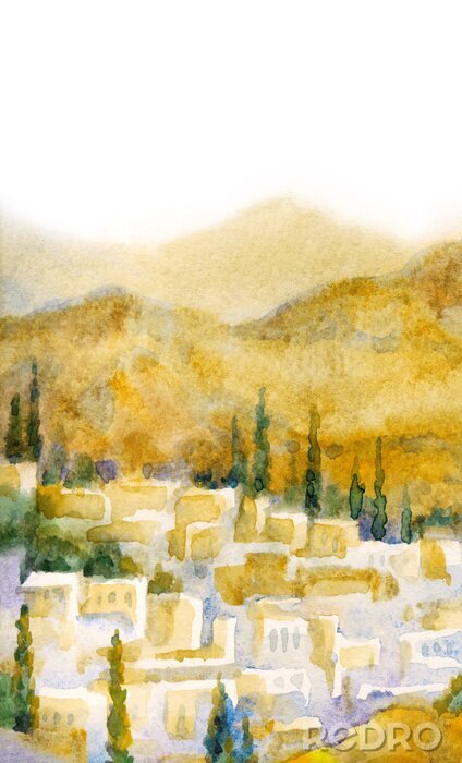 Tableau  Watercolor landscape. Old city in a valley between the mountains