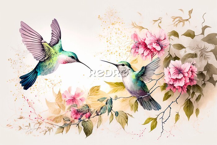 Tableau  Watercolor painting of colibri birds, pink flowers and leaves on white background. Digital printable artwork. Generative ai.
