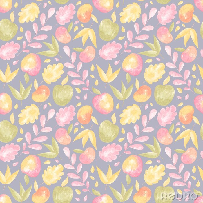 Tableau  Watercolor pattern with autumn floral elements: leaves and apples. Collection of elements for party, fall festival or Thanksgiving day. 