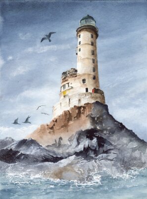 Tableau    Watercolor picture of the Aniva  cape lighthouse on the rocky island with blue sky and seagull