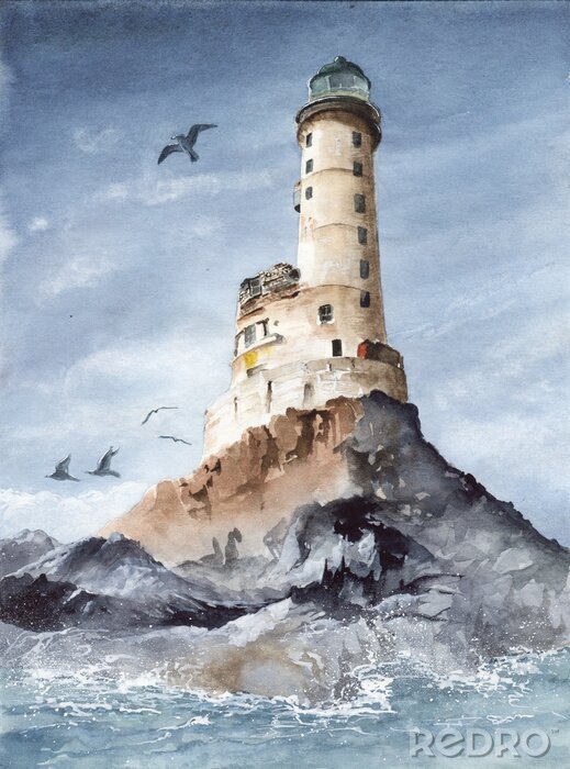 Tableau    Watercolor picture of the Aniva  cape lighthouse on the rocky island with blue sky and seagull