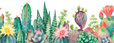 Tableau  Watercolor seamless border cactus pattern.