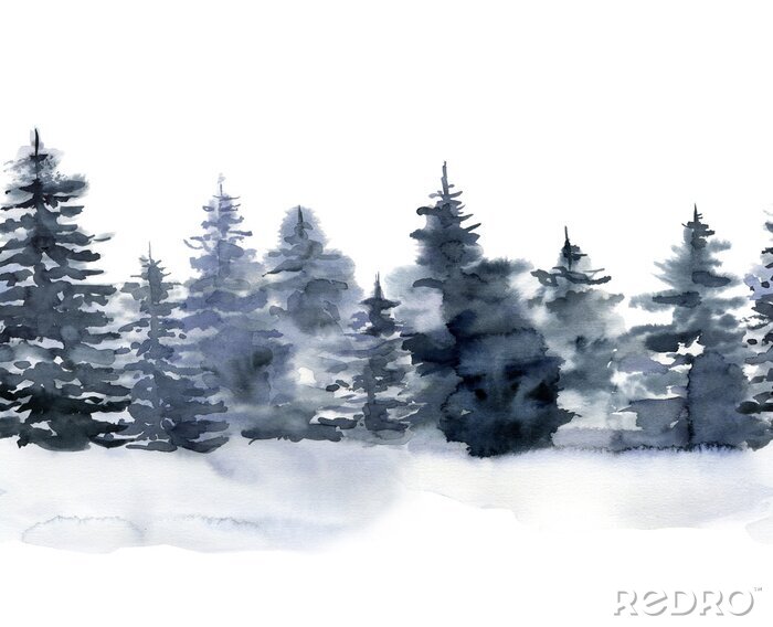 Tableau  Watercolor seamless border with winter forest. Hand painted foggy fir trees illustration isolated on white background. Holiday clip art for design, print, fabric or background. Christmas card.