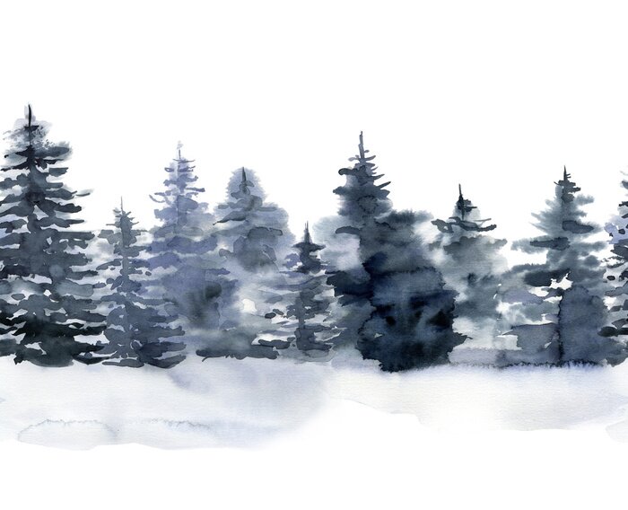 Tableau  Watercolor seamless border with winter forest. Hand painted foggy fir trees illustration isolated on white background. Holiday clip art for design, print, fabric or background. Christmas card.