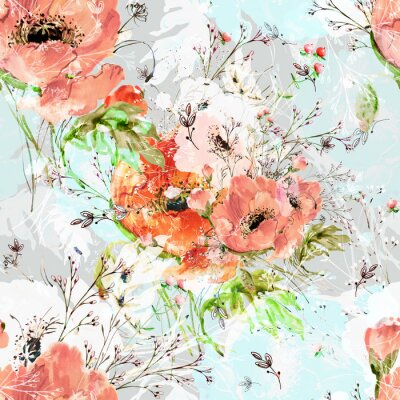 Tableau   Watercolor seamless pattern of wild poppies and grass
