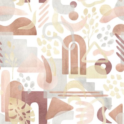 Tableau  Watercolor seamless pattern with abstract shapes in warm pastel colors, pink, ocher, terracotta, gold. Aesthetic modern background with freehand geometric forms. Stile design for textile, wallpaper.