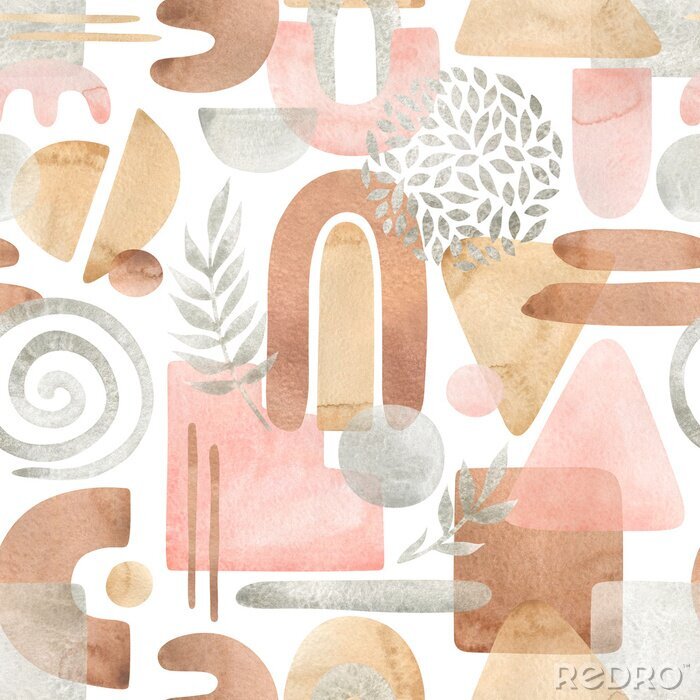 Tableau  Watercolor seamless pattern with abstract shapes in warm pastel colors, pink, ocher, terracotta, silver. Aesthetic modern background with freehand geometric forms. Stile design for textile, wallpaper.