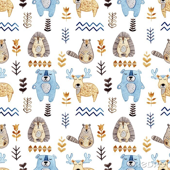 Tableau  Watercolor seamless pattern with forest wildlife animals and herbs. Cute cartoon characters in scandinavian style. Best for textile, wallpaper, decoration, fabric, children design, wrapping paper