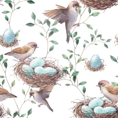 Tableau  Watercolor seamless pattern with nest, birds and tree twigs. Repeating hand drawn spring background. Vintage wallpaper with sparrow and eggs