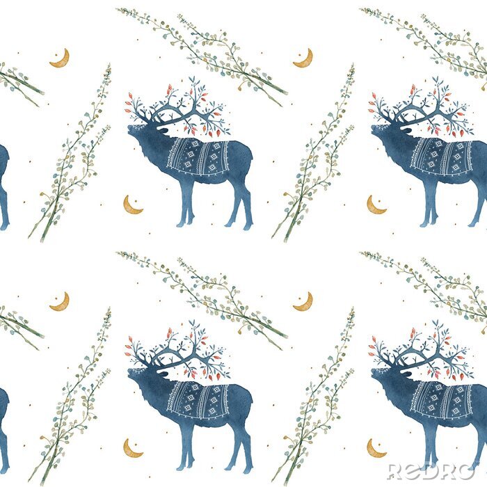 Tableau  Watercolor seamless pattern with Scandinavian elements branches, blades of grass.