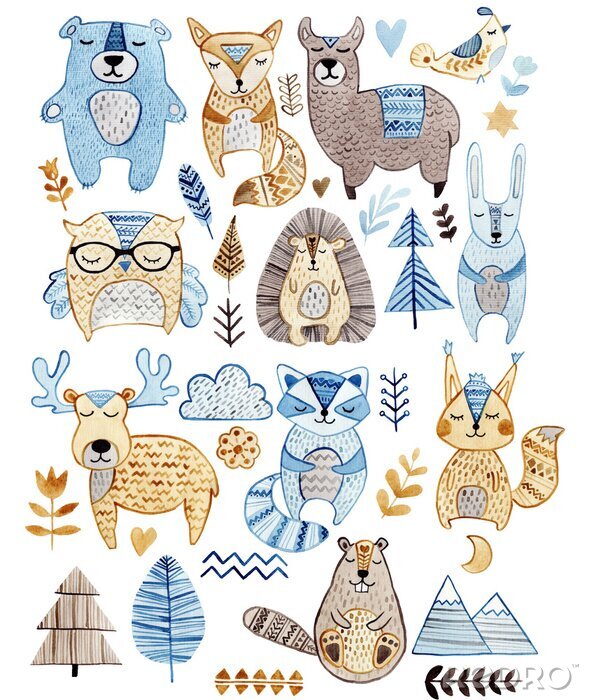 Tableau  Watercolor set with forest wildlife animals and herbs. Cute cartoon characters in scandinavian style. Best for textile, wallpaper, decoration, fabric, children design, wrapping paper