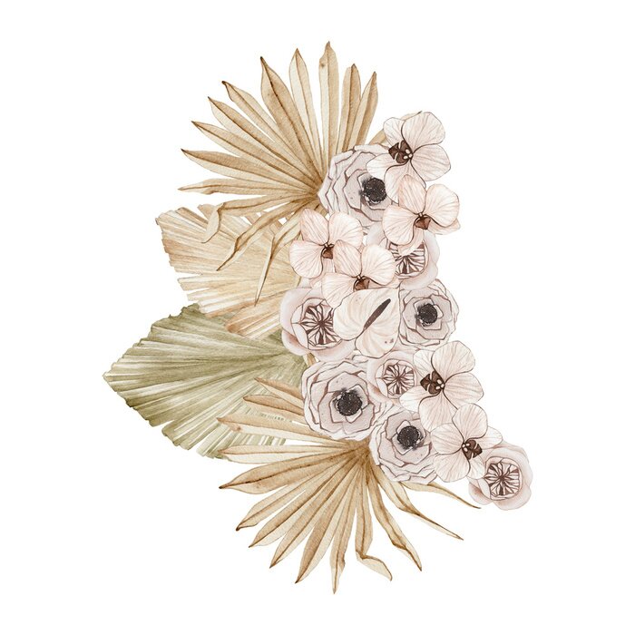 Tableau  Watercolor summer floral tropical bouquet with orchid rose flowers dried palm leaves isolated. Floral spring arrangement blossom boho wedding invitation save the date card illustration