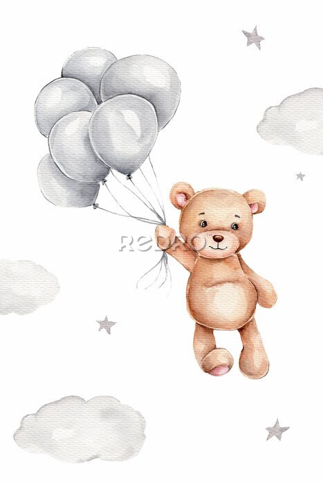 Tableau  Watercolor teddy bear and grey balloons; hand draw illustration; can be used for kid poster or card; with white isolated background