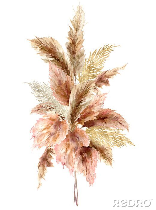 Tableau  Watercolor tropical bouquet with dry pampas grass and gold textures. Hand painted exotic card isolated on white background. Floral illustration for design, print, fabric or background.