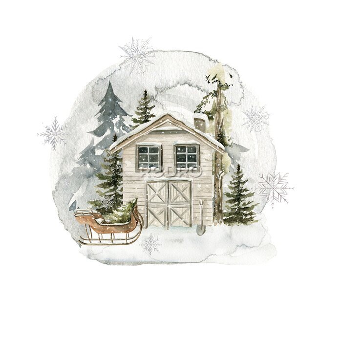 Tableau  Watercolor winter landscape. Hand painted christmas forest with cozy red house, fir tree, snow, snowflakes. New year forest. illustration for card design, print.