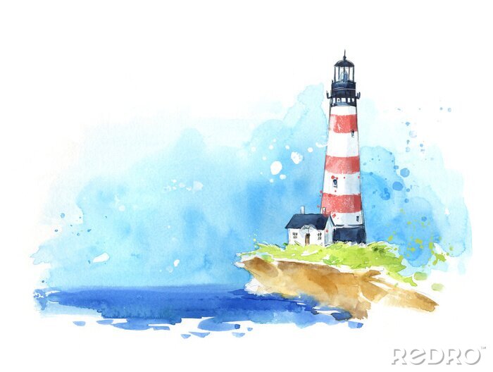 Tableau  Watercolour sketch of a lighthouse at the seaside, seascape
