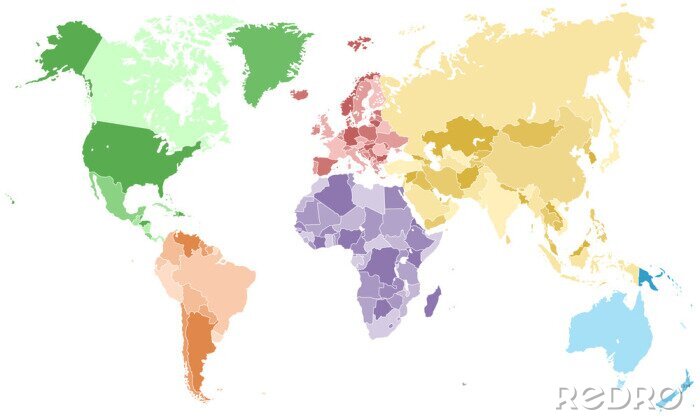 Tableau  Weltkarte - einzelne Kontinente à Farbe (enfer)