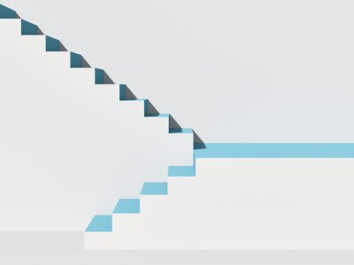 Tableau  White and blue stairs on white background; abstract steps 3d rendering, 3d illustration