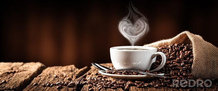 Tableau   White Cup Of Hot Coffee With Heart Shaped Steam On Old Weathered Table With Burlap Sack And Beans