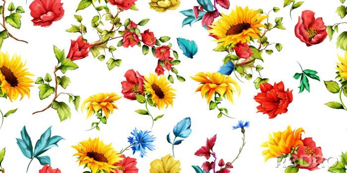 Tableau  Wide seamless pattern of sunflowers with pomegranate buds and cornflowers on white. Abstract. Hand drawn. Watercolor. Vector - stock. 