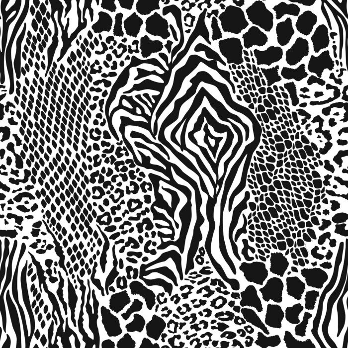 Tableau  Wild animal skins patchwork camouflage wallpaper black and white fur abstract vector seamless pattern