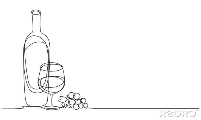 Tableau  Wine glasses, a bottle of wine and grapes. Still life. Sketch. Draw a continuous line. Decor
