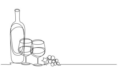 Wine glasses and bottle of wine. Vector. Continuous line drawing.
