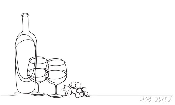Tableau  Wine glasses and bottle of wine. Vector. Continuous line drawing.