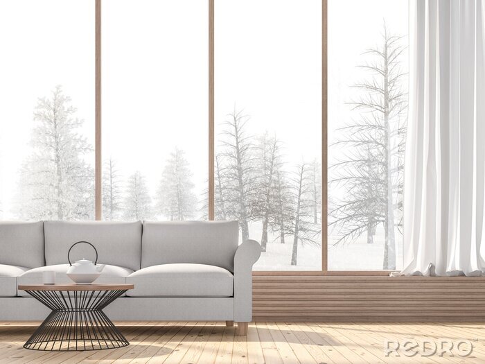 Tableau  Winter living room 3d render,There are wooden floors decorated with fabric sofa.There are large windows look out to see snow view.