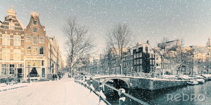 Tableau  Winter snow view of a Dutch canal in Amsterdam