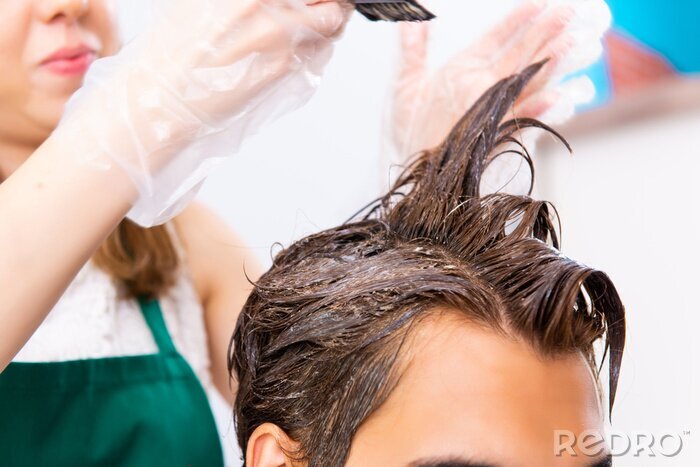 Tableau  Woman hairdresser applying dye to man hair
