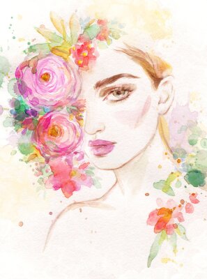 woman with flowers. beauty background. fashion illustration. watercolor painting