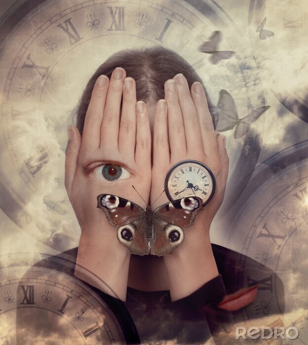 Tableau  Woman with hands on face and symbols: butterfly, clock. Surreal